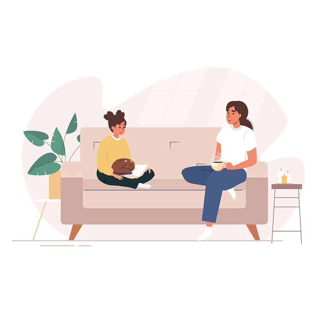 illustration of mother sitting next to her teen daughter