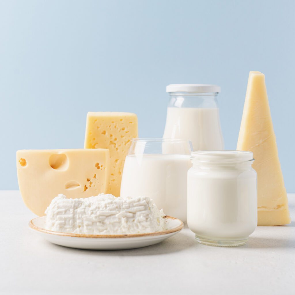 array of dairy products with light blue background