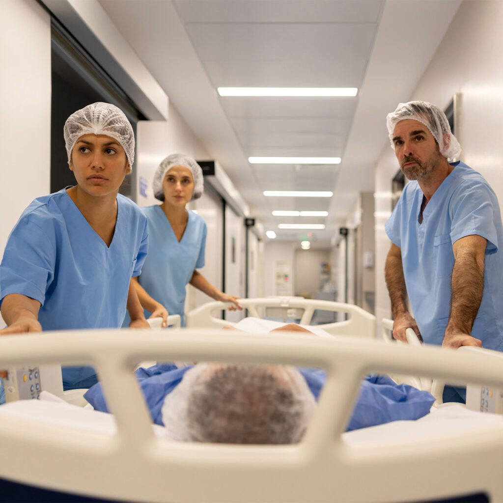 hospital staff rushing patient on a patient bed to an operating room