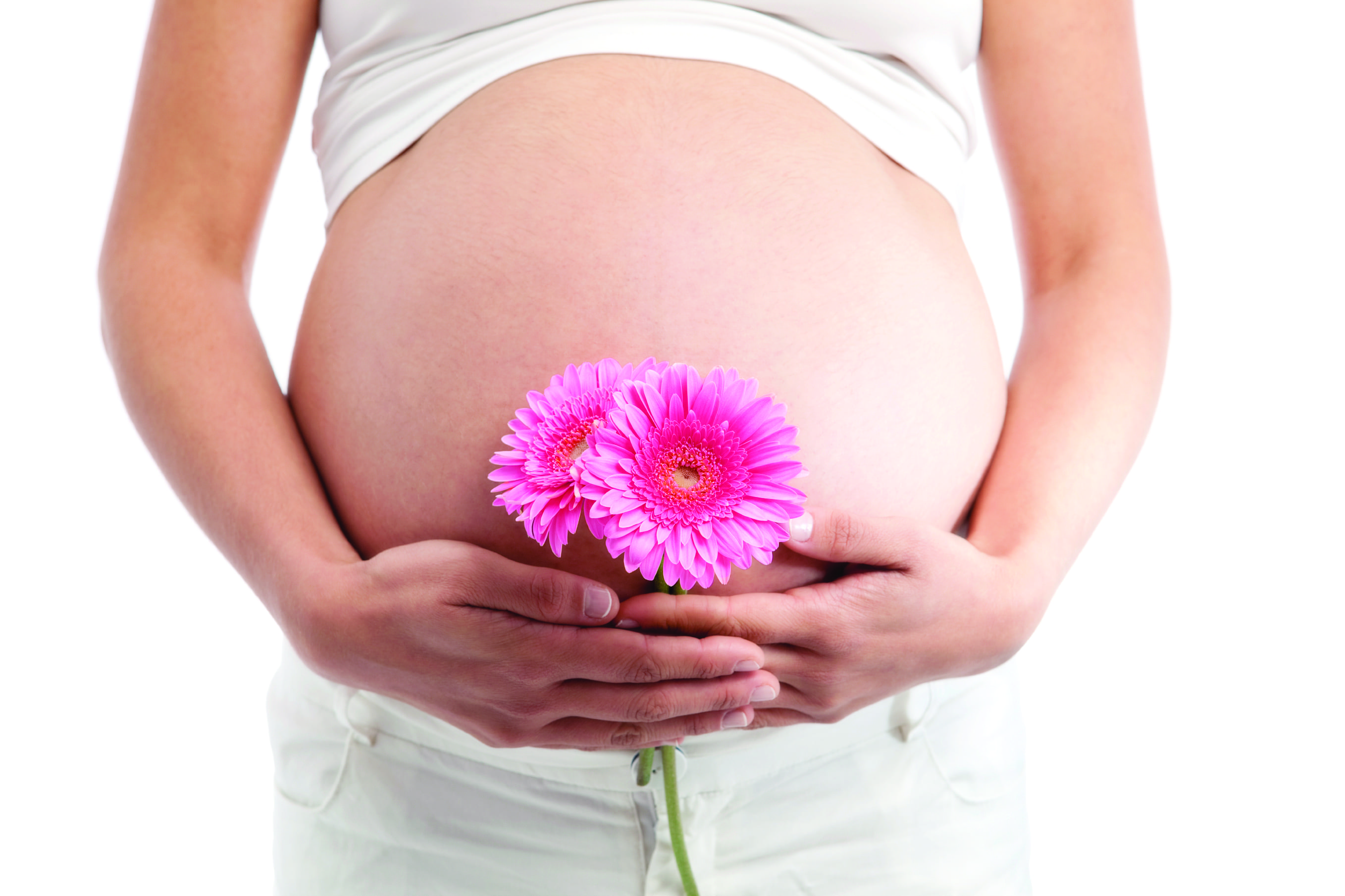 Close-up of pregnant woman's belly with flowers in front of it