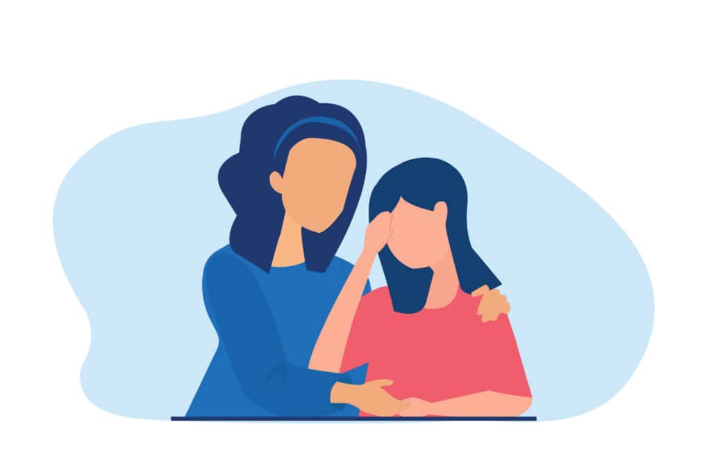 graphic illustration of mother comforting teen daughter
