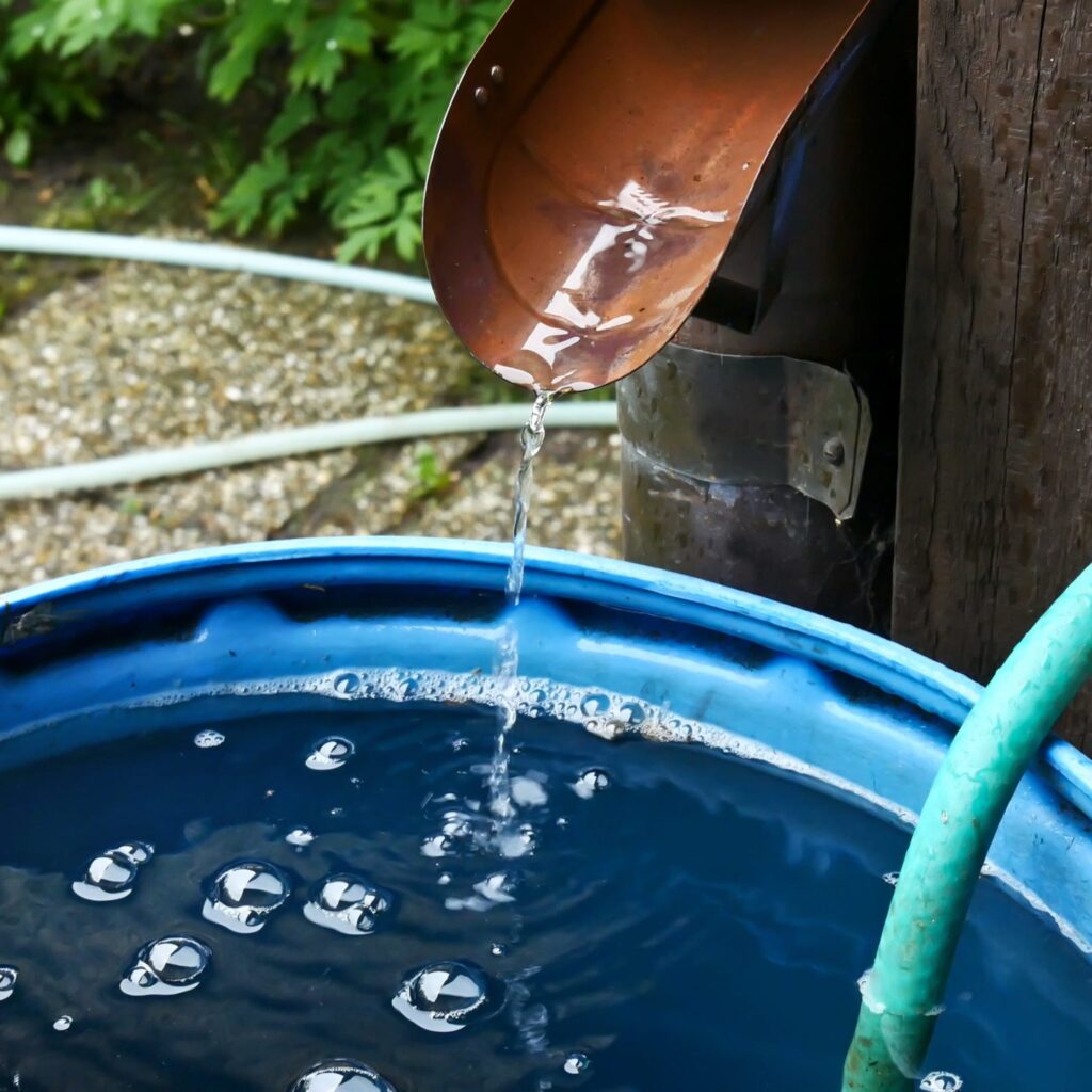 Rain Water Is Streaming into Barrel in the Garden.