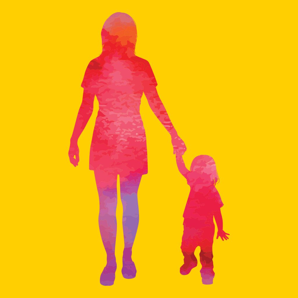 red and purple silhouette of mother with child