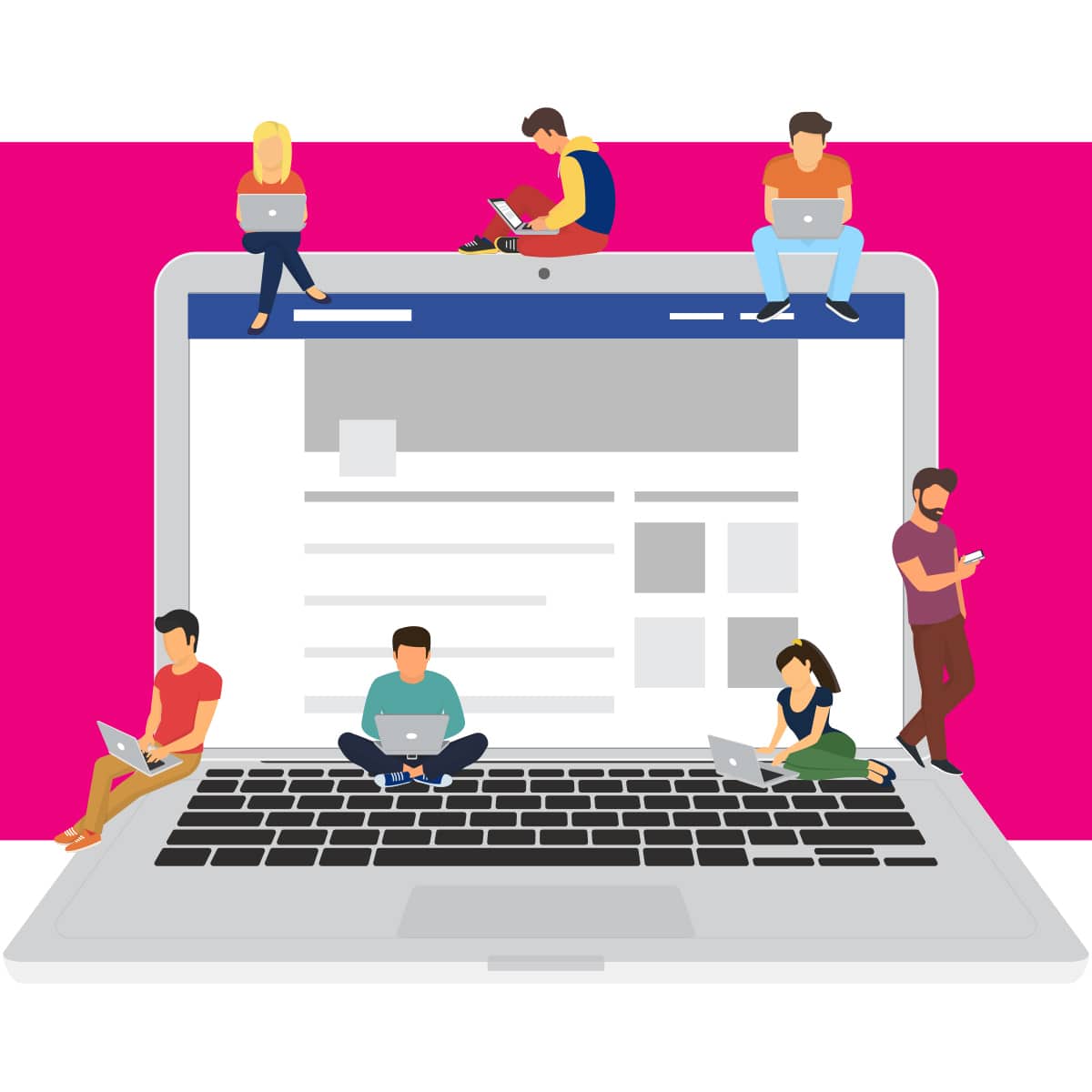 illustration of people on social media around a laptop with facebook pulled up