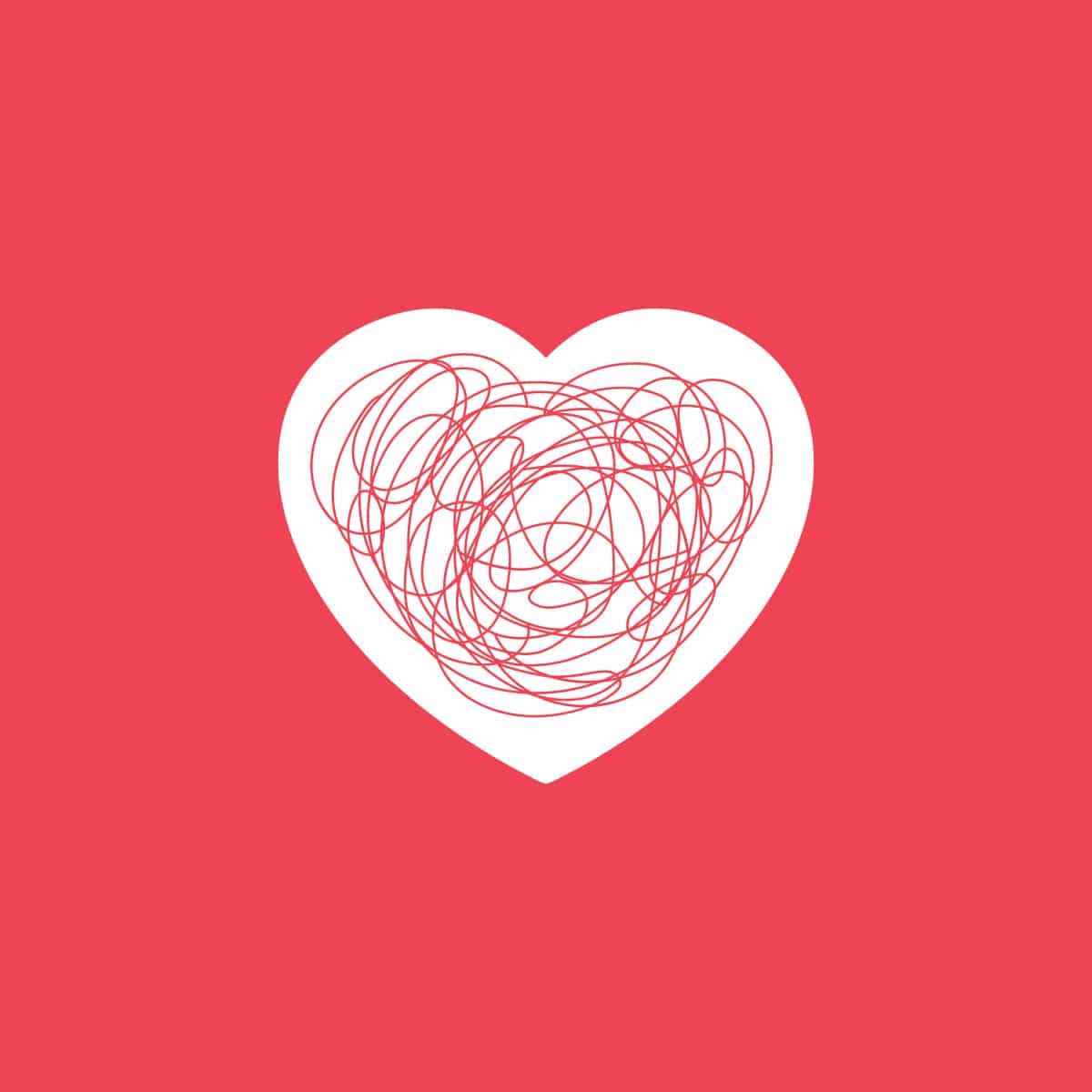 red heart full of scribbles with red background