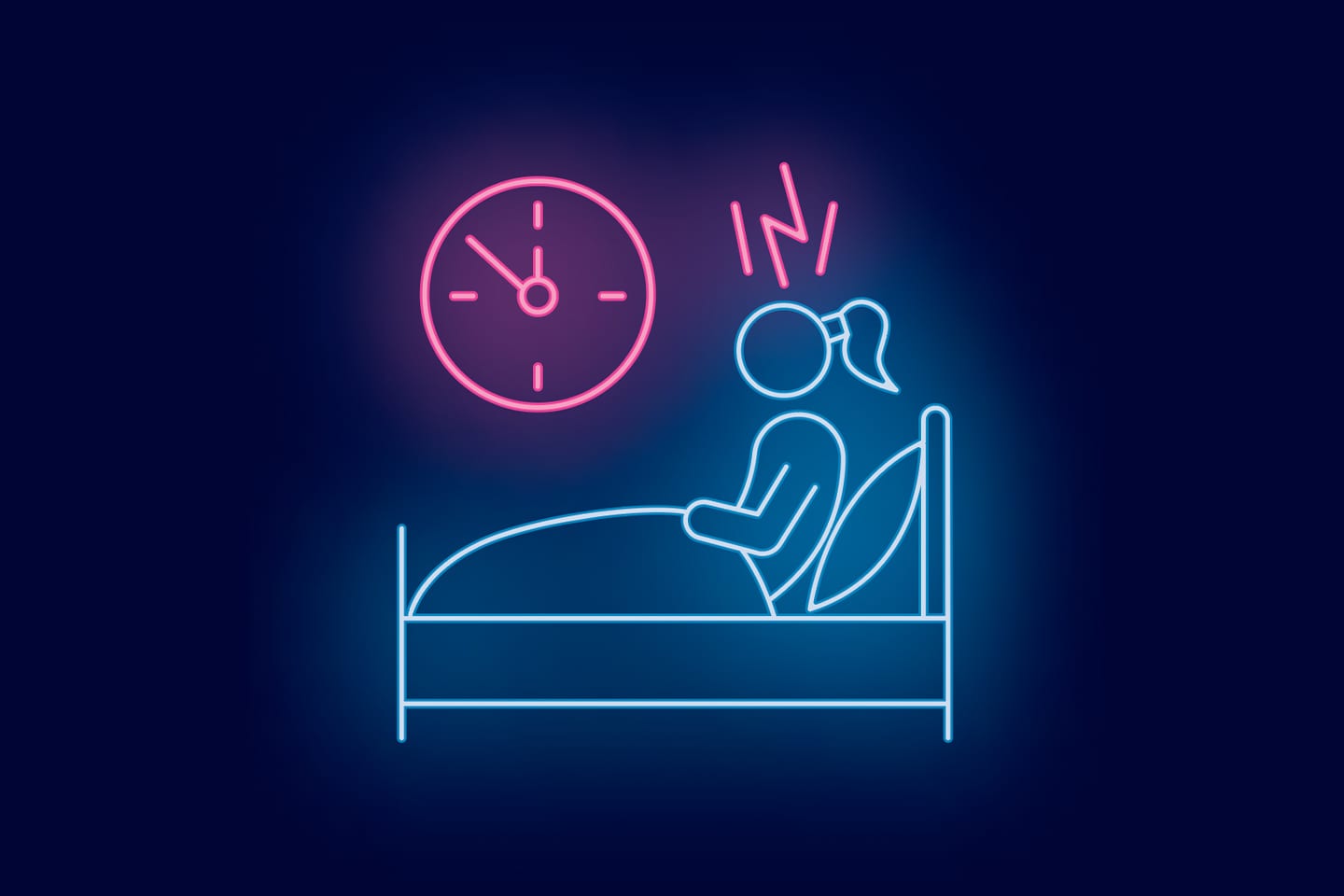 neon illustration of girl in bed who can't sleep