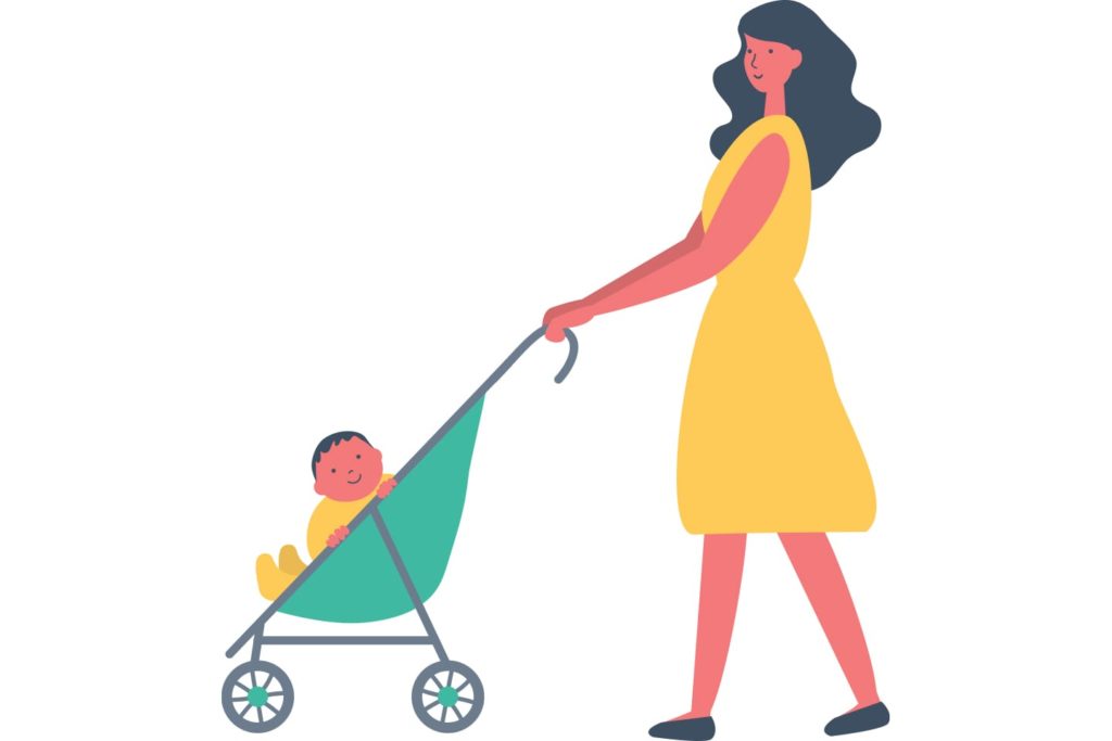 illustration of mother pushing baby in stroller