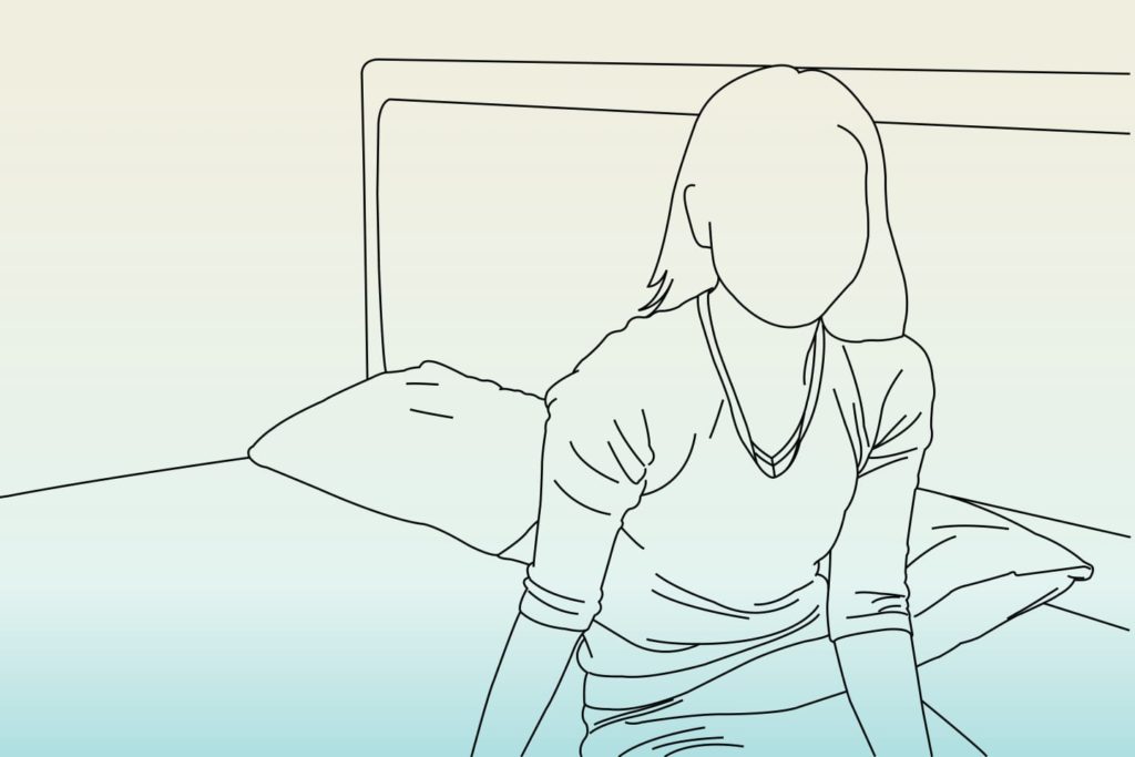 Illustration of lonely faceless woman sitting on her bed