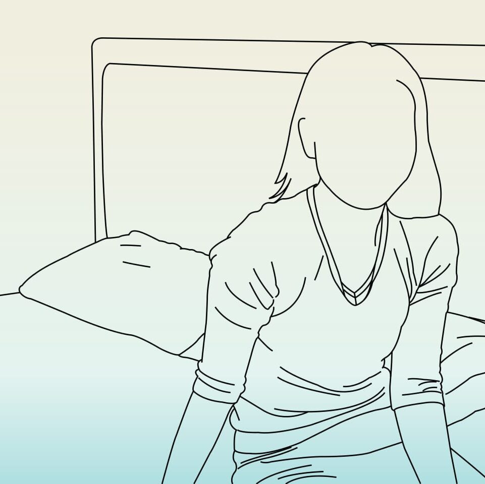 Illustration of lonely faceless woman sitting on her bed