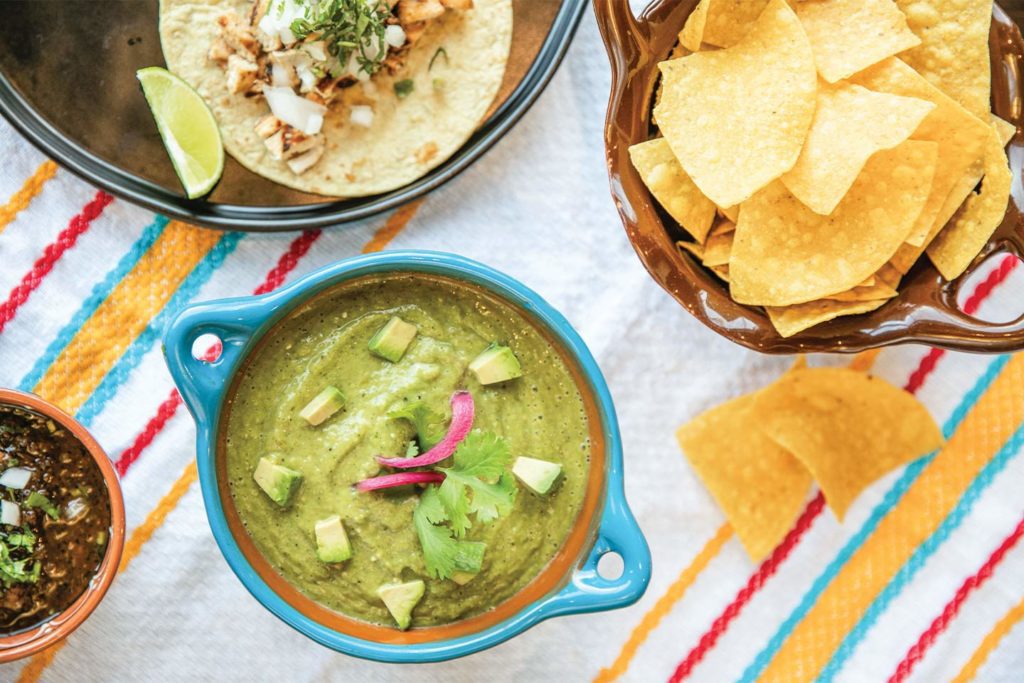 Spicy Vegan Avocado Salsa and chips from Mezcla Cocina Y Cantina