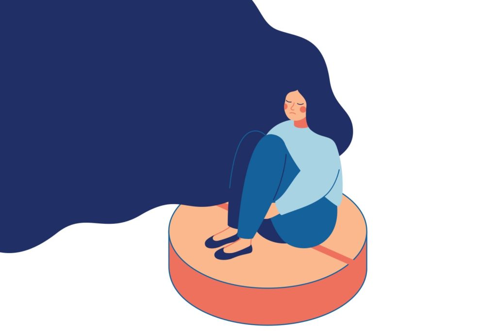 illustration of sad woman sitting on a pill