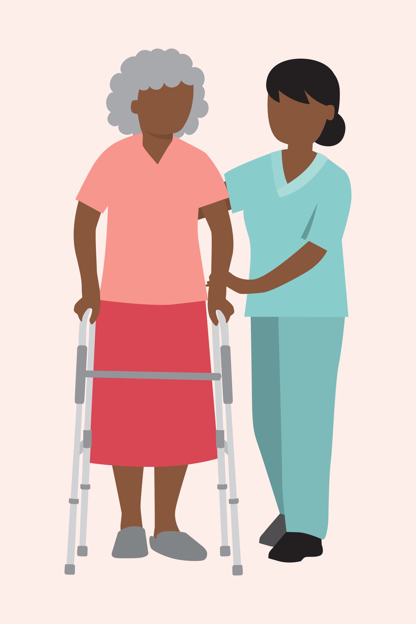 Illustration of palliative care nurse helping elderly woman with walker