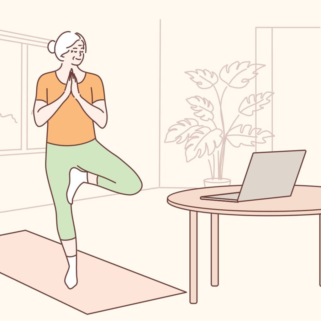 illustration of elderly woman taking a virtual yoga class at home