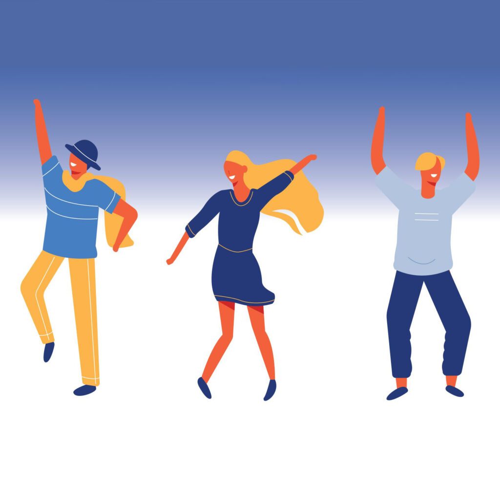 Illustrations of happy healthy people dancing