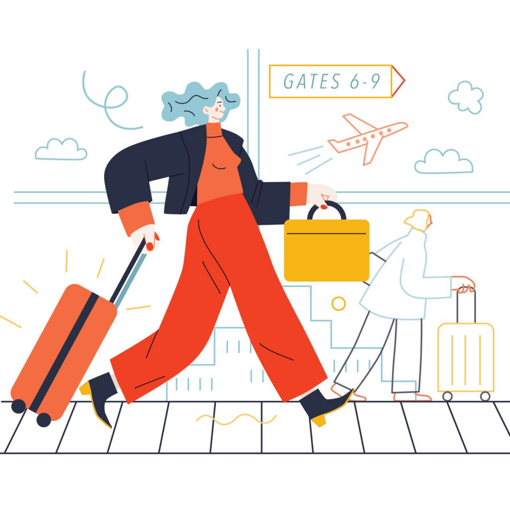 illustration of woman walking in a airport with a suitcase and luggage