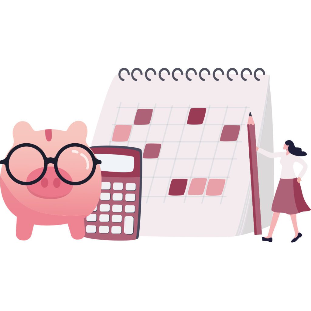 Illustration of piggy bank with glasses, calender, and woman holding large pencil