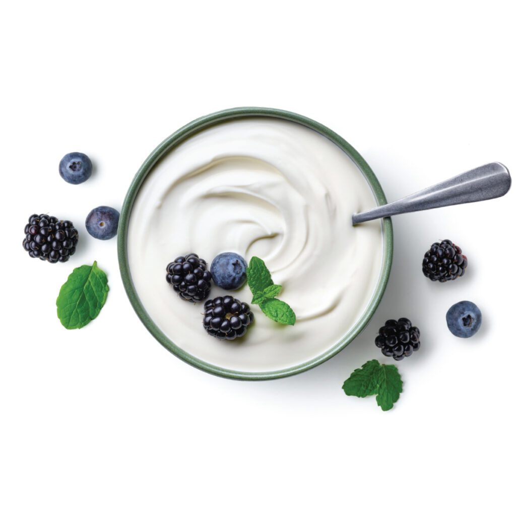 photo of a bowl of yogurt with blackberries and blueberries