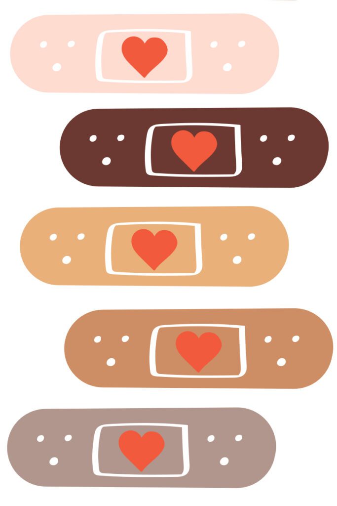 illustration of multicolored bandaids with red hearts in the center of each bandaid