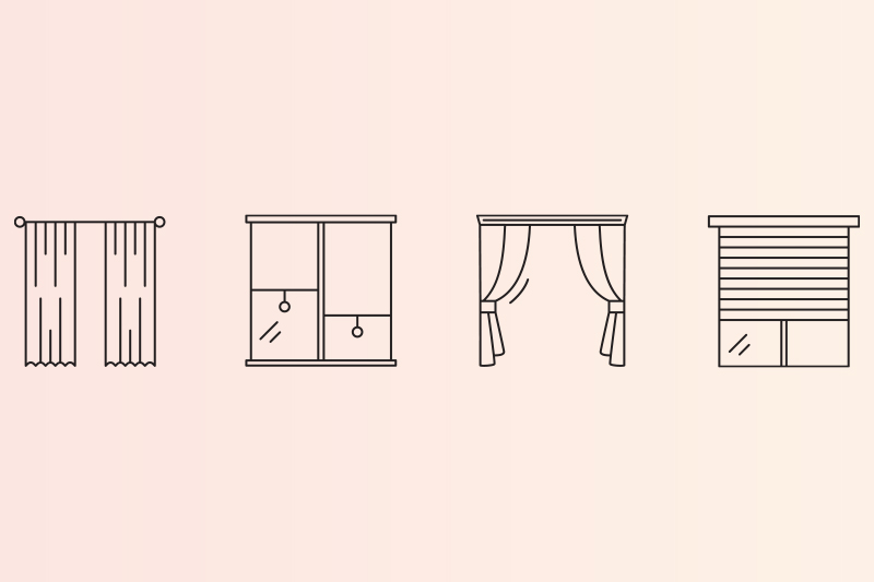 illustration of four windows with each one having different curtains and blinds