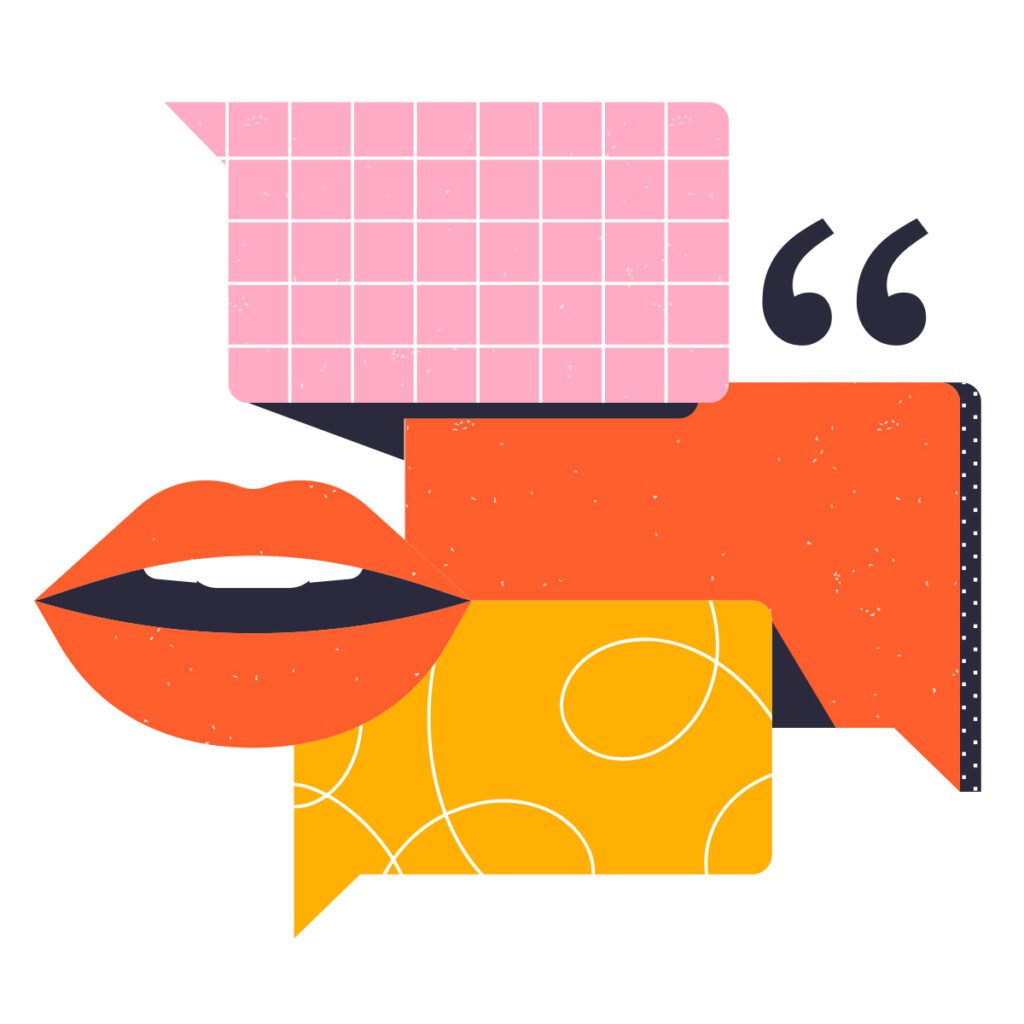 health in a minute | illustration of colorful dialogue bubbles, lips, and a quotation mark