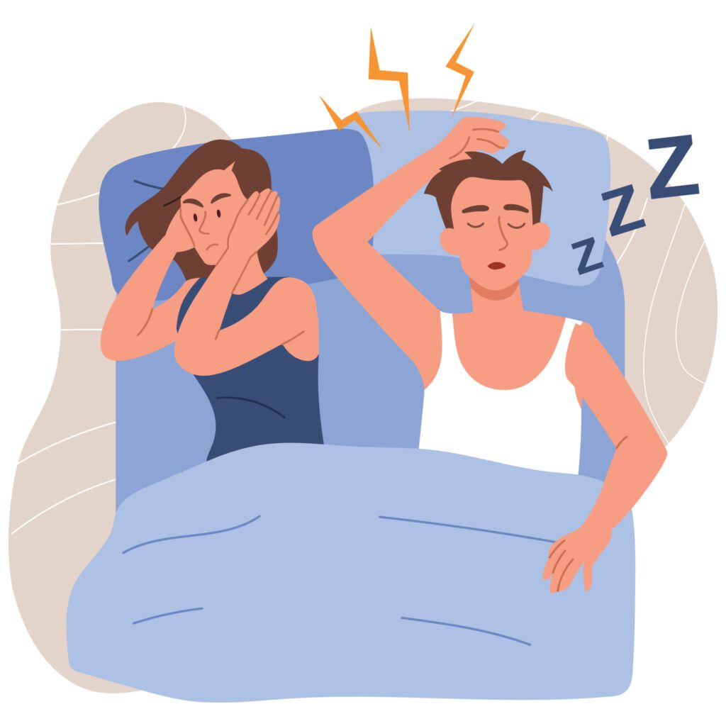 illustration of irritated wife listening to her husband's loud snoring