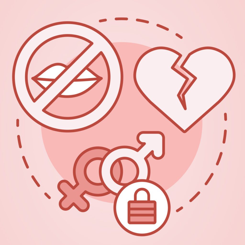 graphic illustration of broken heart, no kissing, female and male symbols in a pink background
