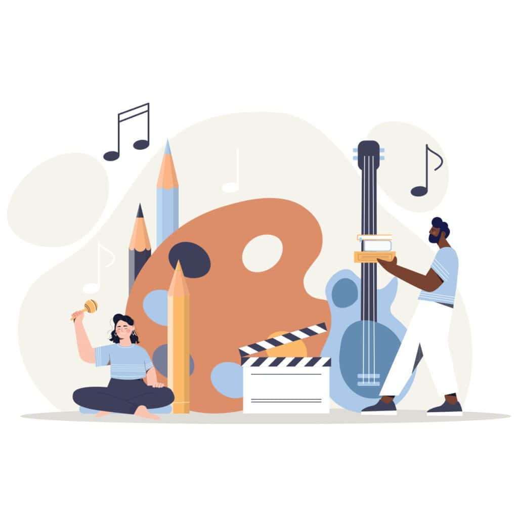 investing in self-expression | graphic illustration of people making music and art