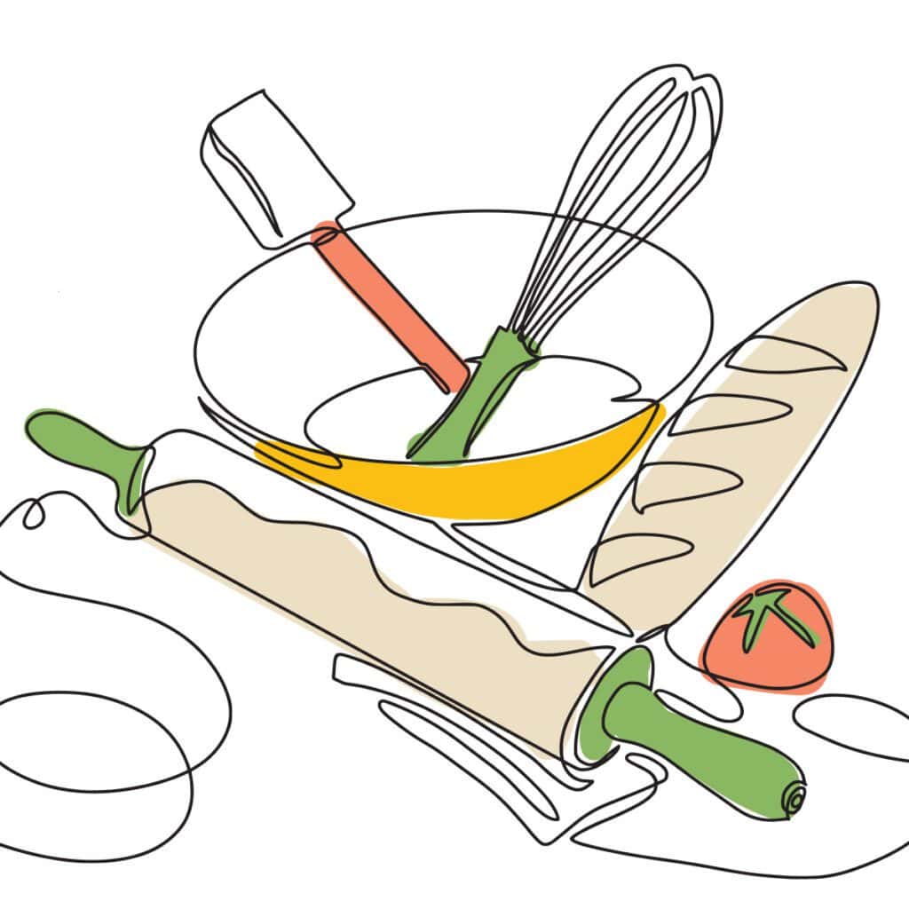 line art of kitchen tools and food