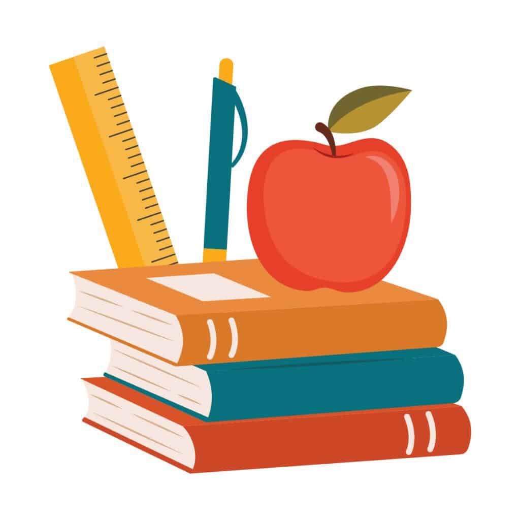 graphic illustration of school books with apple, ruler, and pen